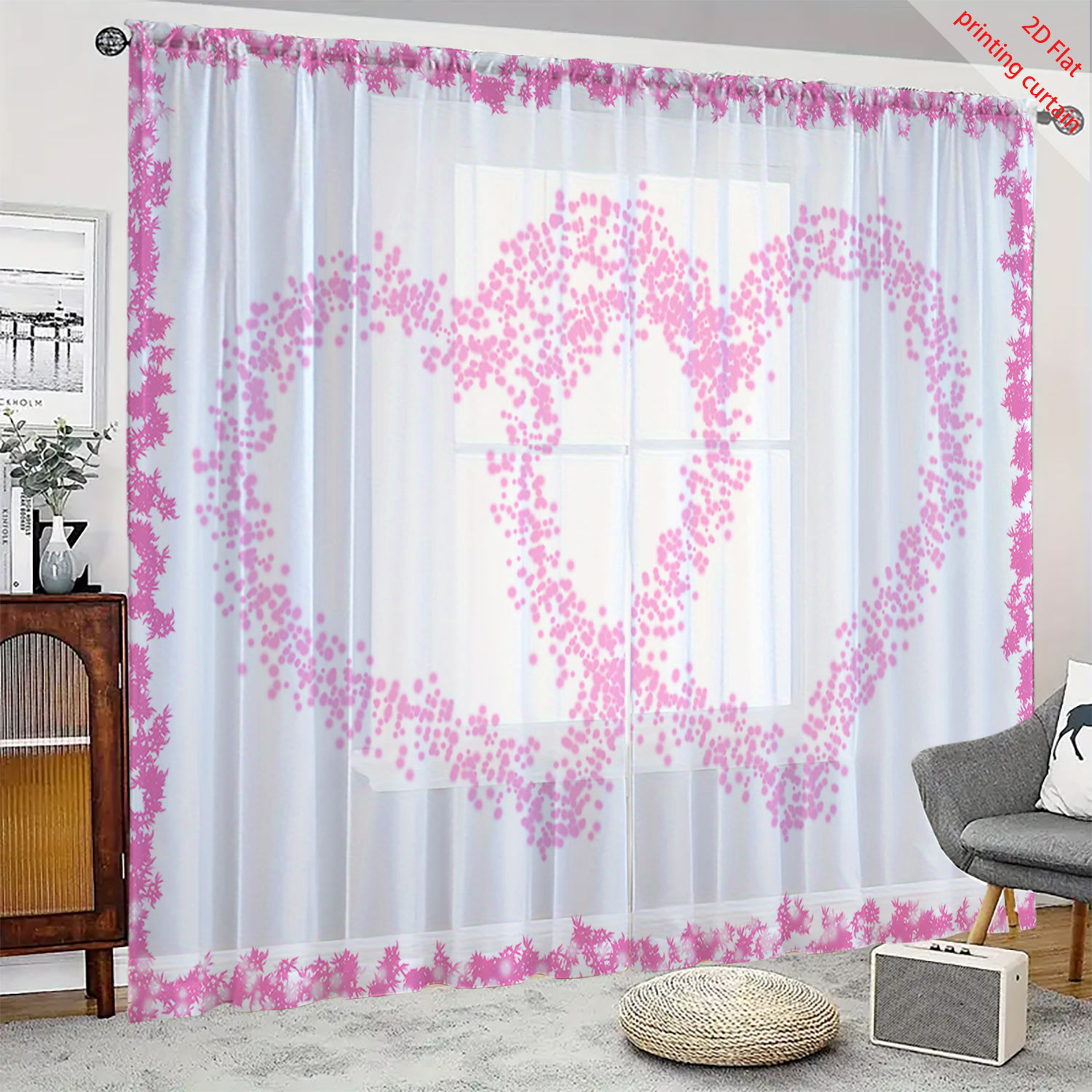 Curtain Sheer Voile - Hartvormig bedrukt transparant gaasgordijn voor kantoor,
