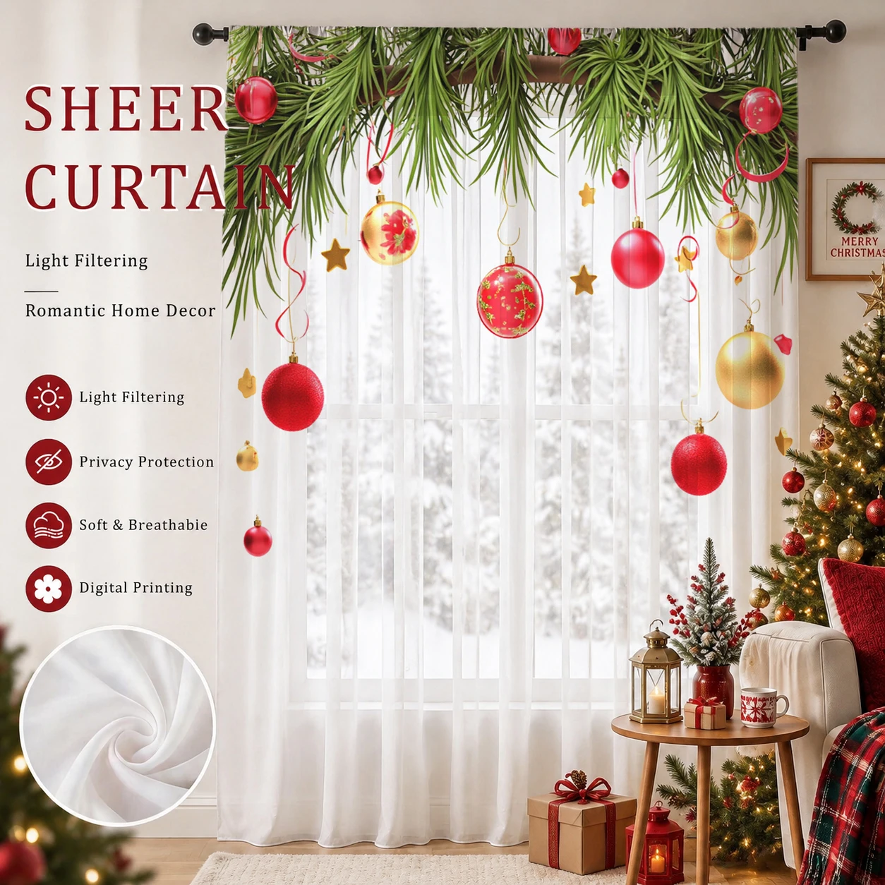 Curtain Sheer Voile - Kerstgradiënt transparant gordijn, goede kwaliteit lichtreducerende