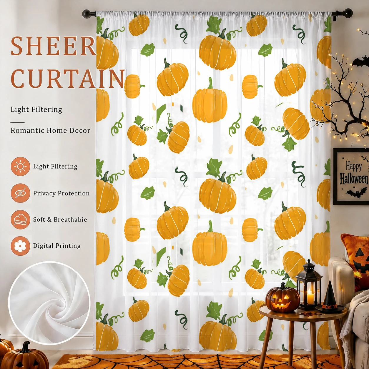 Curtain Sheer Voile - Halloween transparante gordijnstang met zakken, Halloween